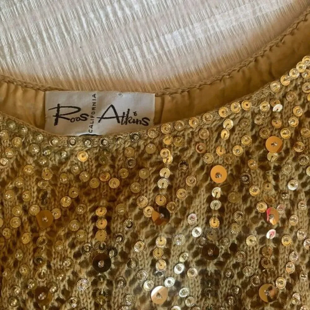 Vtg 60s Gold Sequin Knit Lace Sweater Vest Wool Hand Beaded Holiday Mod sz 40 - Picture 8 of 9